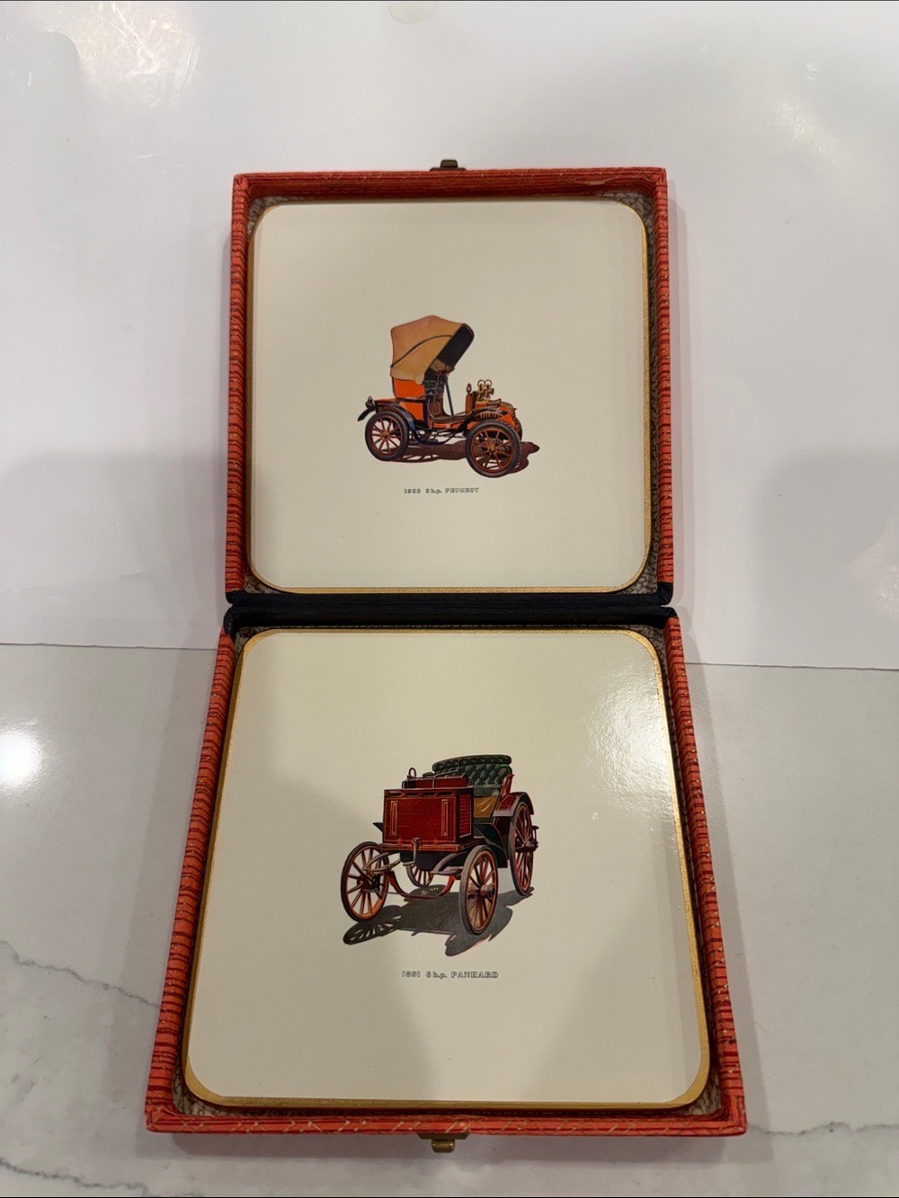 Win-El-Ware Made in England Vintage Antique Car Coaster Set of Two in Case 6”x6”